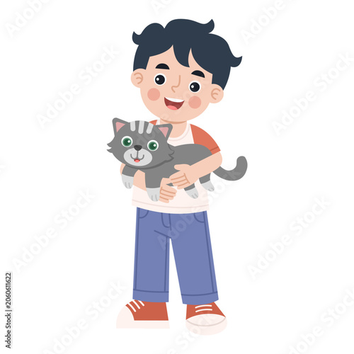 Illustration of Boy Holding a Cat