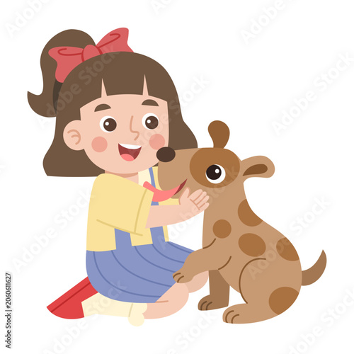 Girl Petting a Dog Cartoon Illustration