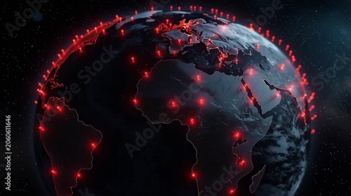 Global network connections and data points across the Earth at night with glowing red location markers