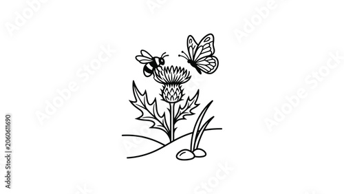 Photos Black and white line art illustration of a bumblebee and butterfly on a thistle flower