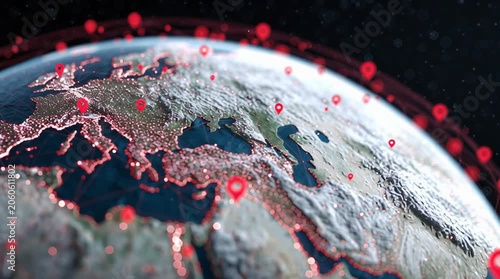 Global network connections with location pins on Earth at night