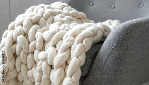 Thick, creamy white, hand-knitted blanket draped over the arm of a gray upholstered chair