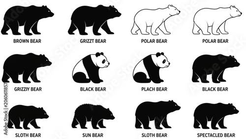 Φωτογραφία Different bear species silhouette icons set featuring brown bear grizzly polar b