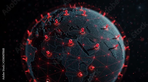 Global network of red location pins connected by glowing lines on a dark digital earth
