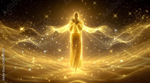 Golden spiritual figure radiating light and energy in a cosmic starry background