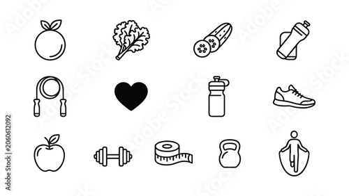 Set of hand drawn fitness and healthy lifestyle icons.