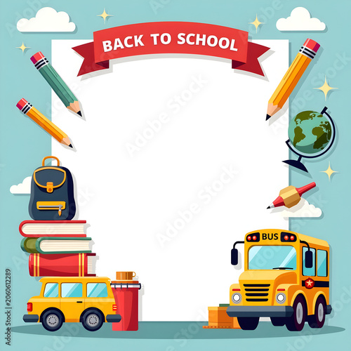 Back to school supplies illustration with blank frame Poster with red banner