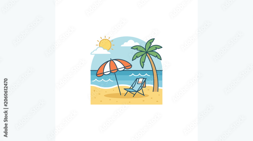 Obraz premium Summer Beach Scene Illustration with Sun Umbrella and Palm Tree