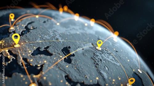 Global network connections with location pins on Earth at night