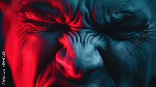 Close up of a vampire mouth with sharp fangs and red lighting