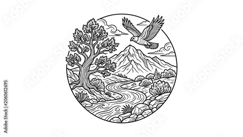 Konstfotografi Vintage style hand drawn illustration of a majestic eagle soaring over a scenic mountain river landscape inside a circular frame