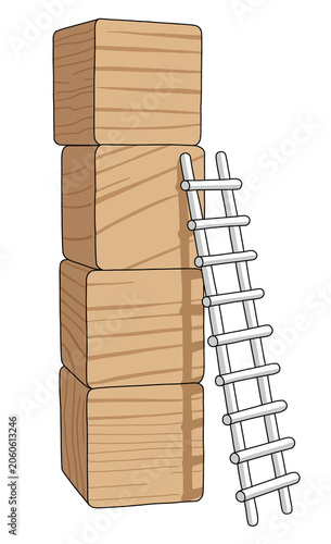 Wooden blocks stacked in a tower with a ladder leaning against them. Concept of career growth, success, and overcoming obstacles