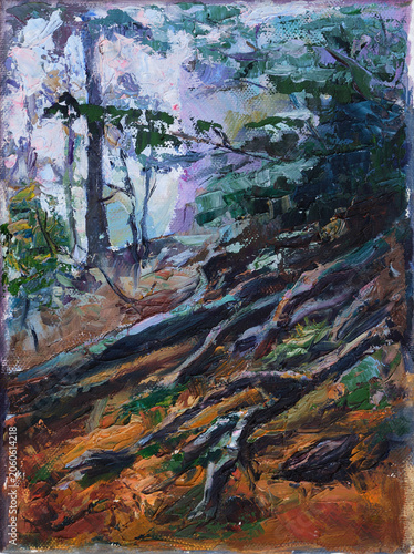 The twisted exposed roots of the tree in the foggy forest. Oil painting on canvas