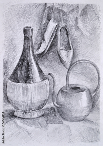 A still life pencil drawing with a glass bottle, metal teapot and shoes