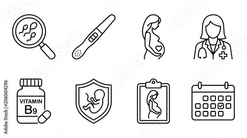 Pregnancy and folic acid health icons set