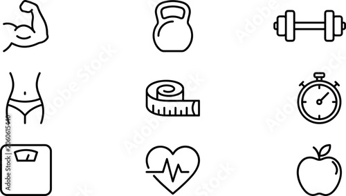 Foto Set of black and white fitness and health outline icons.
