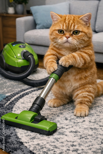 Orange Tabby Cat Using Vacuum Cleaner in Living Room