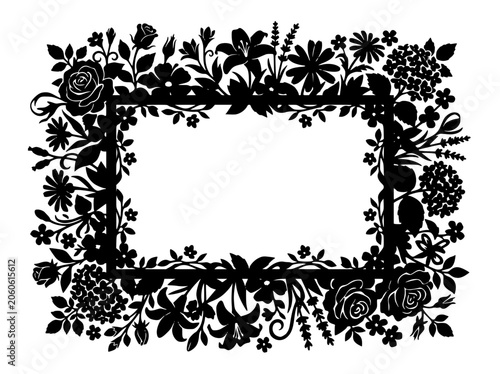Black and white floral silhouette frame with various garden flowers