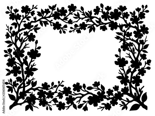 Black floral frame silhouette with branches and cherry blossom flowers
