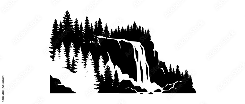 Obraz premium Waterfall Silhouette in Pine Forest Landscape Vector Illustration