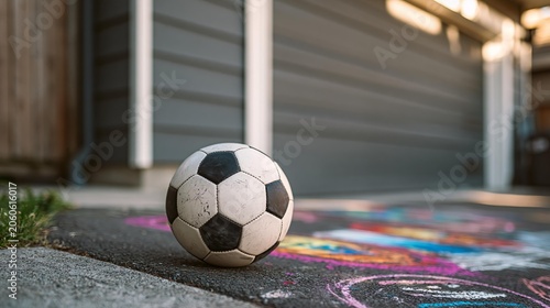 Soccer ball resting on asphalt with colorful chalk drawings. Ground level view of outdoor playtime