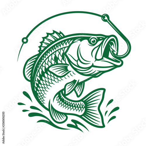 Jumping bass fish hooked on fishing line vector graphic illustration for sport fishing hobby with illustration