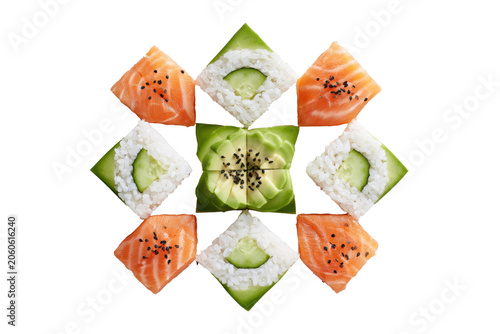 Creative geometric arrangement of salmon sushi, avocado and cucumber rolls presented as an isolated food design element on a transparent PNG background.
