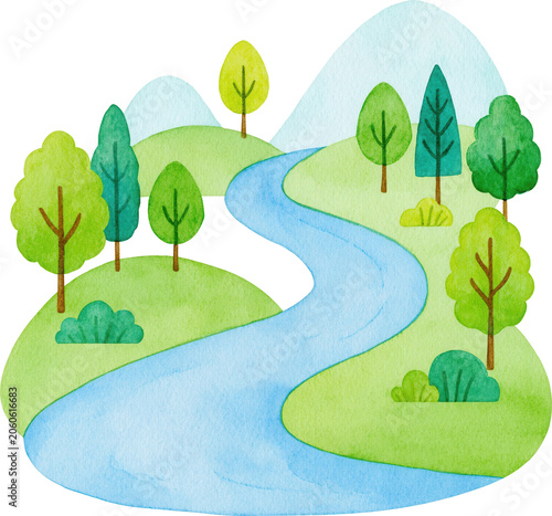 Watercolor simple nature landscape with river and trees isolated on transparent background.