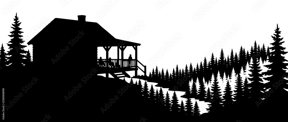 Obraz premium Silhouette of a mountain cabin in a pine forest with a river