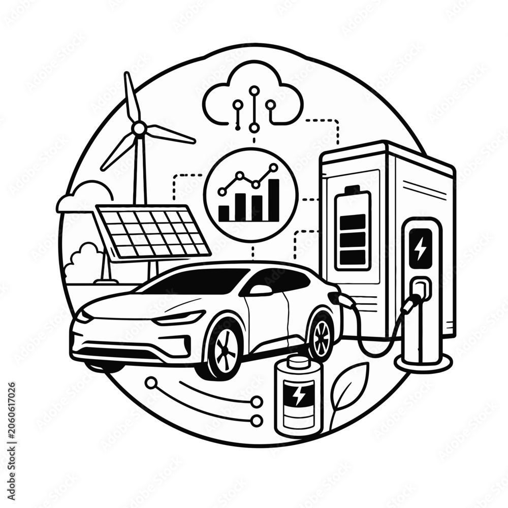 Naklejka premium Sustainable Energy Ecosystem Featuring Electric Car, Solar Panels, Wind Turbine, and Smart Grid Technology Line Art Illustration