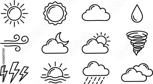 Foto Set of simple black and white weather forecast icons.