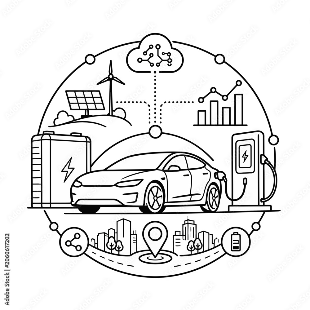 Obraz premium Sustainable Electric Vehicle Ecosystem with Green Energy Sources and Smart City Infrastructure Concept Illustration