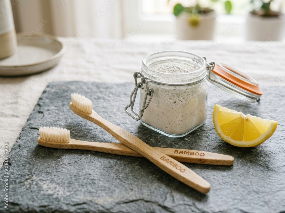 Fototapeta premium Natural Bamboo Toothbrushes and Organic Oral Care Powder with Lemon