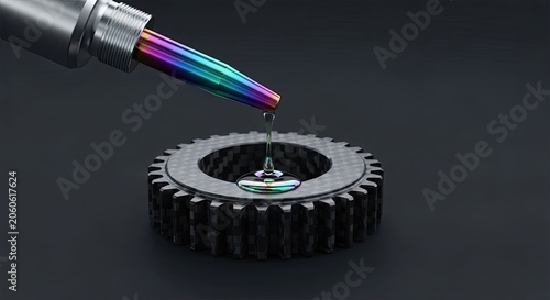 Precision tool dripping lubricant onto industrial gear.