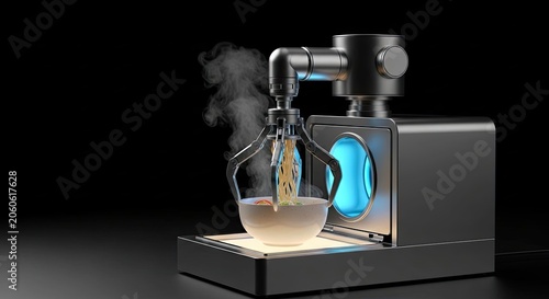 Robot arm pouring hot tea into a glass cup.