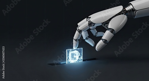 Robotic arm touching glowing blue computer processor chip.