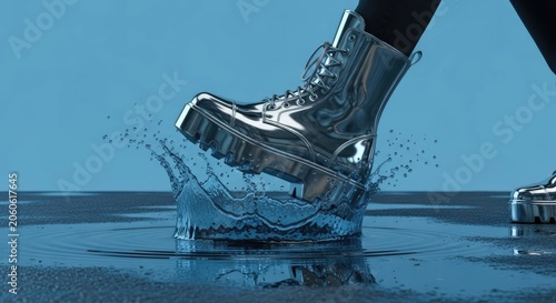 Silver platform boot splashing into water on blue.