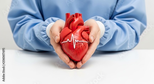 Surgeon holding anatomical heart model with heartbeat line.