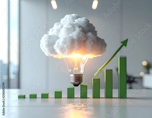 Glowing lightbulb with cloud and rising green bar chart representing business growth and innovation.