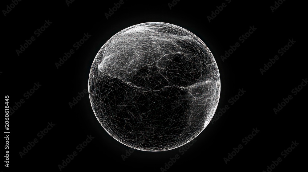 Naklejka premium Abstract sci-fi sphere with particles. Technology network connection on world. Futuristic illustration. Global digital connections ai. 3D wireframe geometric sphere. 3D rendering