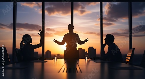 Silhouette of business people meeting in boardroom at sunset with city view.