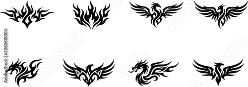 Billede på lærred Set of black tribal dragon and phoenix tattoo designs.