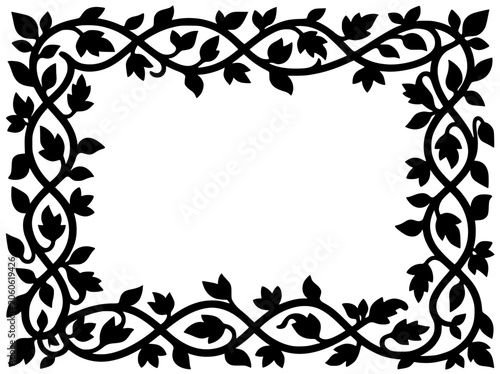 Decorative Floral Vine Frame Silhouette Border on White Background