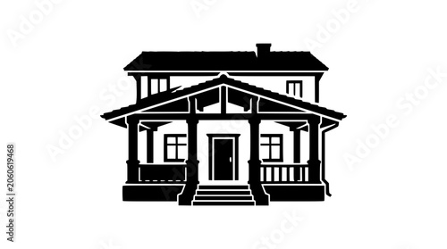 Vector silhouette of a two-story residential house with porch and stairs