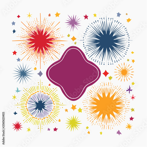 Colorful Bursting Fireworks and Stars with Copy Space