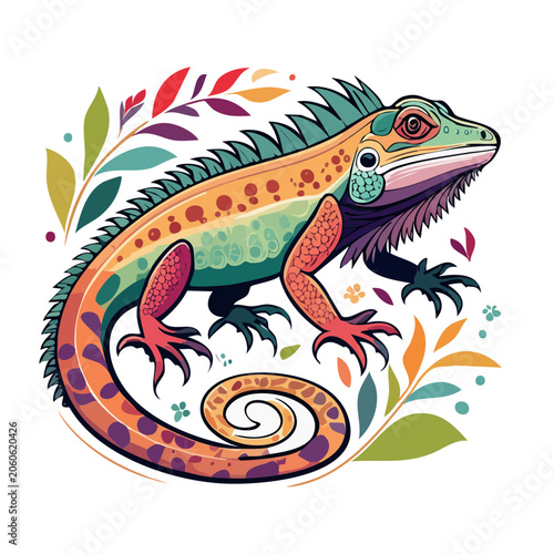 Colorful Iguana Illustration with Leaves and Flowers