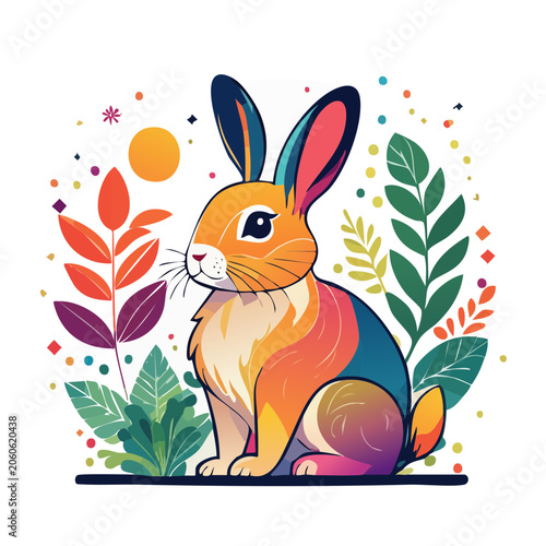 Colorful rabbit illustration with plants and sun