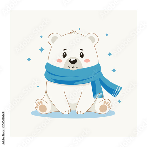 Cute cartoon polar bear wearing a blue scarf