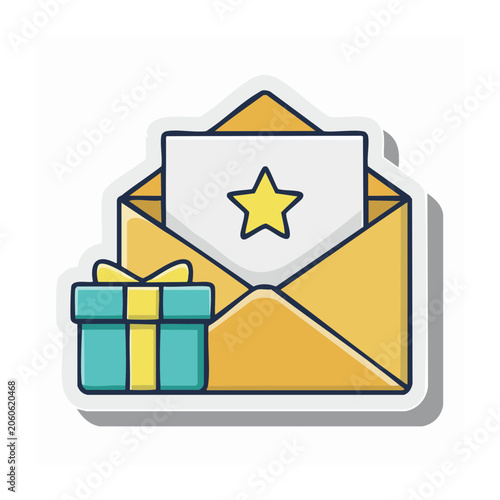 Flat design icon of envelope with gift box and star