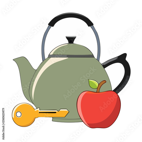 Flat design illustration of teapot apple and key